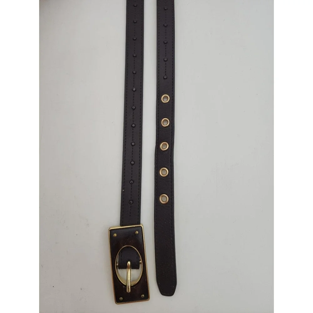Vintage Chico's Skinny Belt Wood & Brass Rectangle Statement Buckle 35